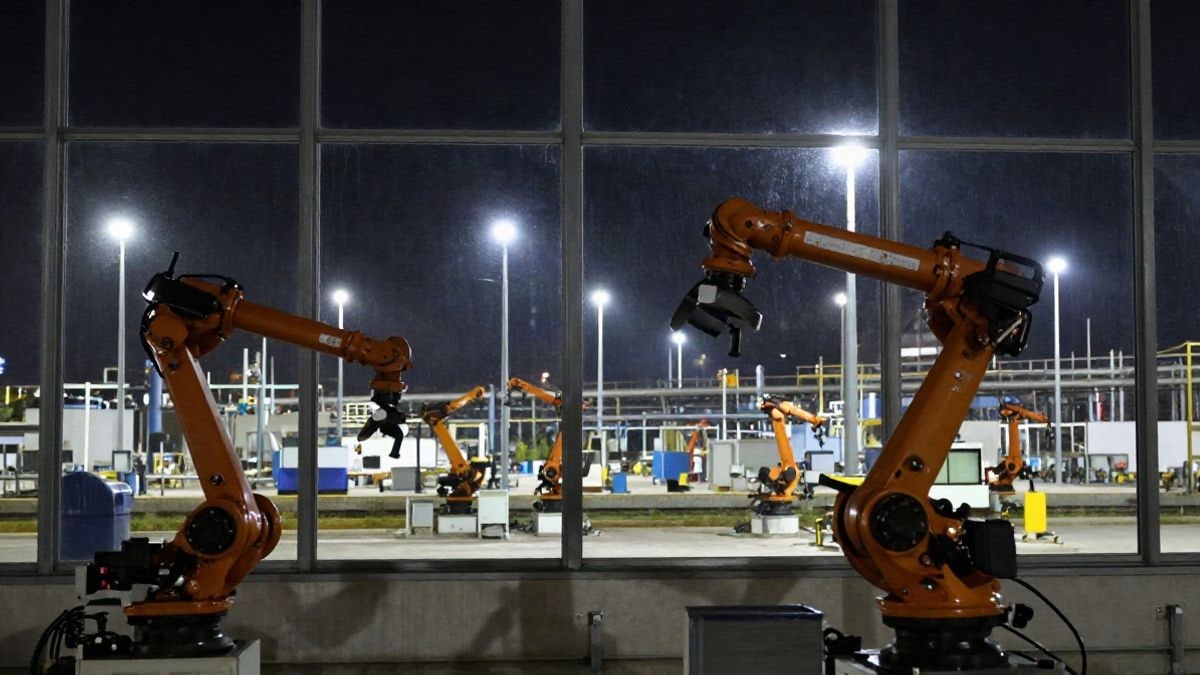 Imagen ilustrativa: un parque industrial moderno de noche con luces artificiales y robots en el interior