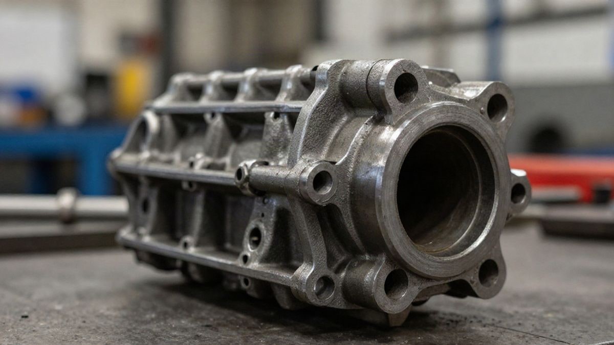 Imagen ilustrativa: primer plano de una pieza metálica de motor sobre una mesa de trabajo, con una nave industrial desenfocada al fondo