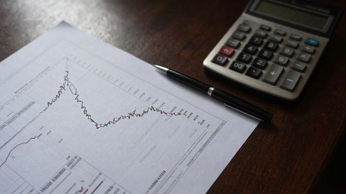 Imagen ilustrativa: vista cenital de gráficos de rentabilidad de bonos y una calculadora sobre una mesa de trabajo