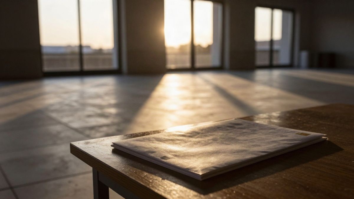 Imagen ilustrativa: carpeta cerrada sobre una mesa de madera con sombras largas al atardecer