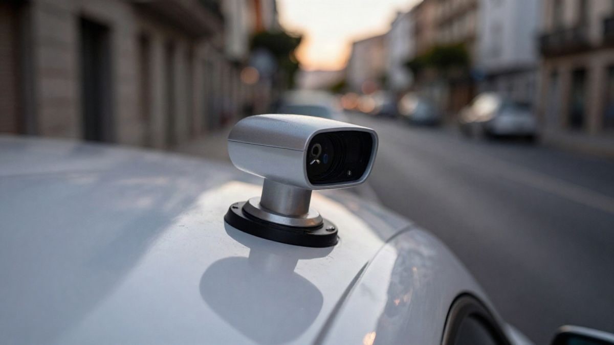 Imagen ilustrativa: sensor lidar sobre el techo de un coche eléctrico blanco, con una calle urbana desenfocada al atardecer