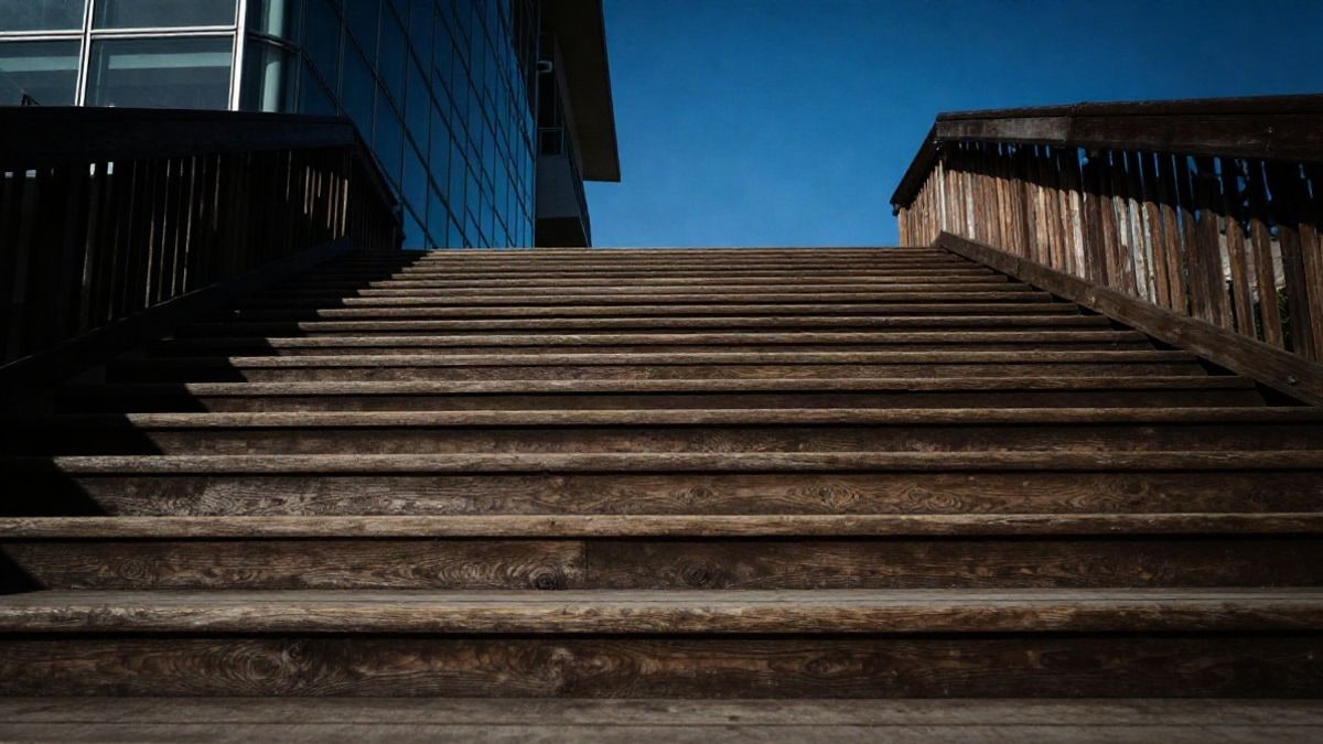 Imagen ilustrativa: escalera de madera vista desde abajo con un edificio de cristal y cielo azul al fondo