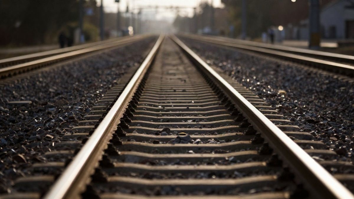 Illustrative image: empty high-speed train track at sunset, with long shadows and backlighting.