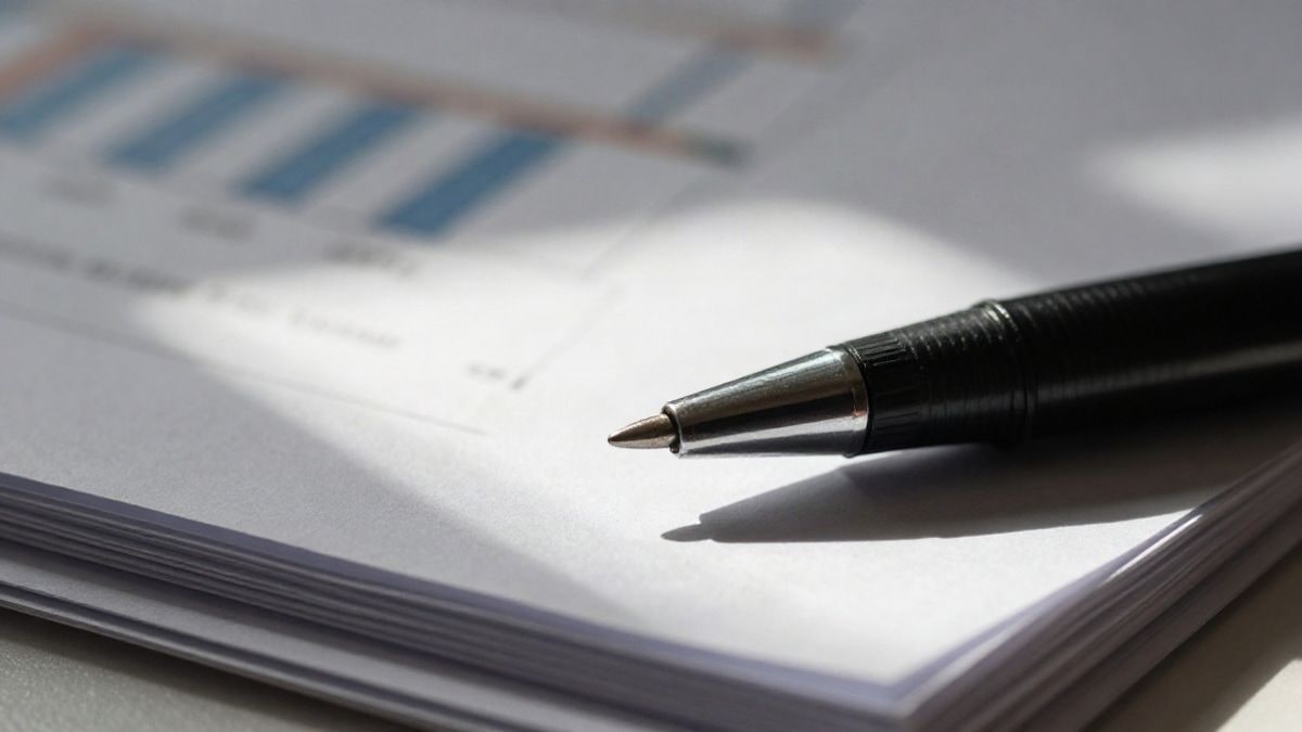 Imagen ilustrativa: primer plano de un bolígrafo sobre documentos financieros con gráficos desenfocados al fondo