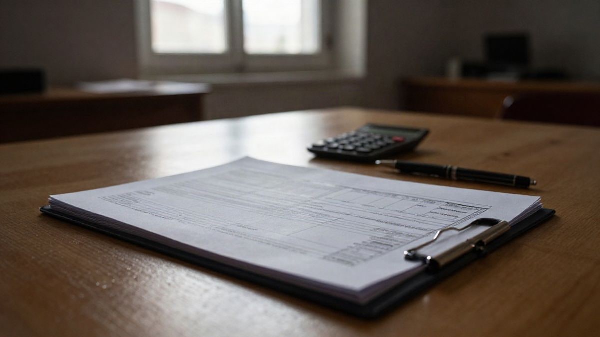 Imagen ilustrativa: escritorio de madera con una carpeta cerrada, una calculadora y un formulario, con luz lateral de ventana