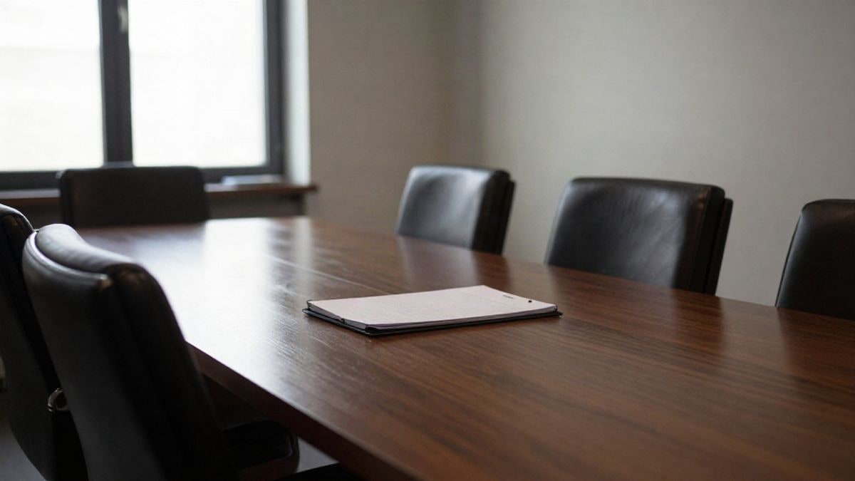 Imagen ilustrativa: sala de reuniones de un banco vacía, con una mesa de madera larga y sillas de cuero iluminadas por la luz de una ventana lateral