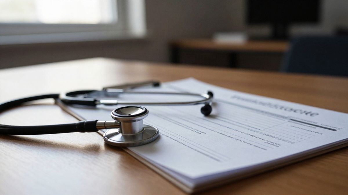 Illustrative image: close-up of a wooden desk with a stethoscope and medical leave forms