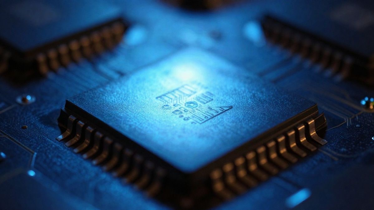 Illustrative image: close-up of a chip with illuminated circuits on a dark surface