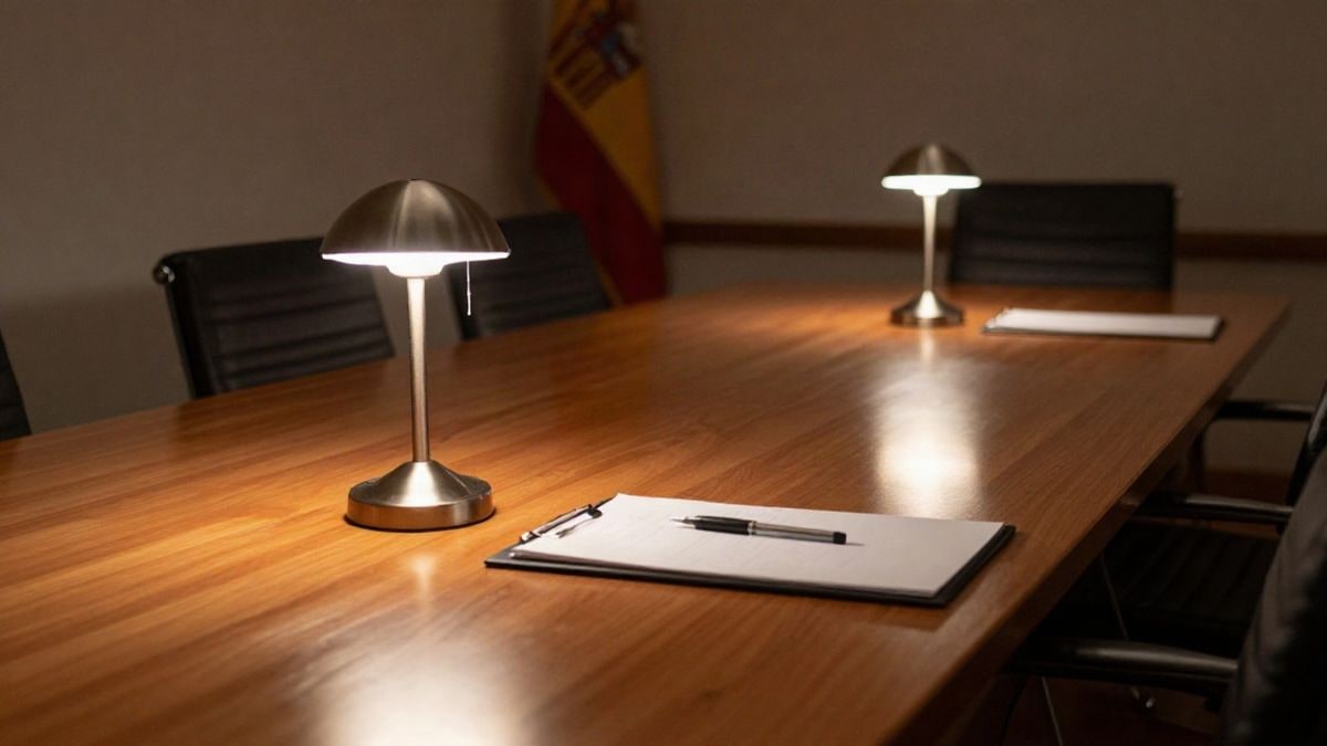Imagen ilustrativa: mesa de despacho vacía iluminada por lámparas de noche, con una carpeta cerrada y un bolígrafo