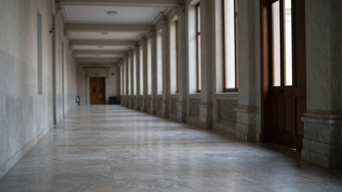 Illustrative image: long, empty corridor of a generic judicial building, with natural light coming through tall windows