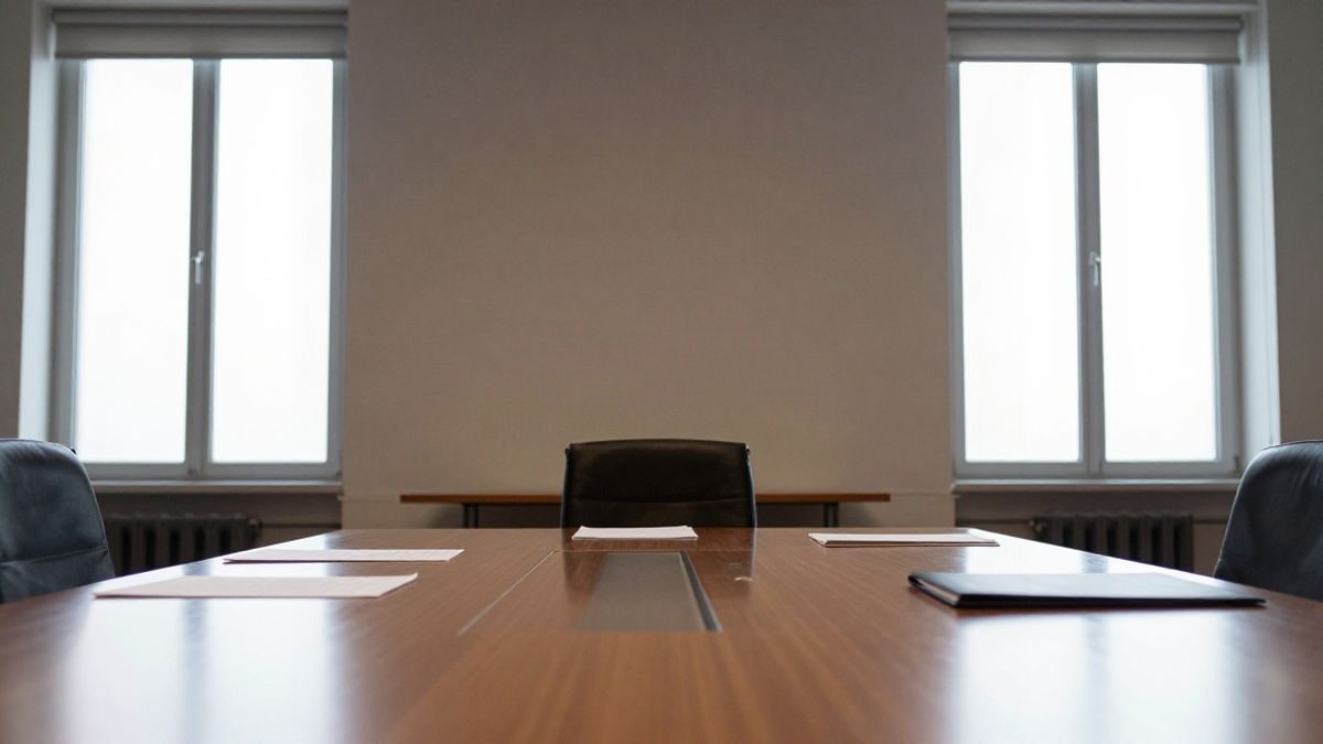 Imagen ilustrativa: una silla vacía junto a una larga mesa de reuniones en una sala institucional iluminada por la mañana