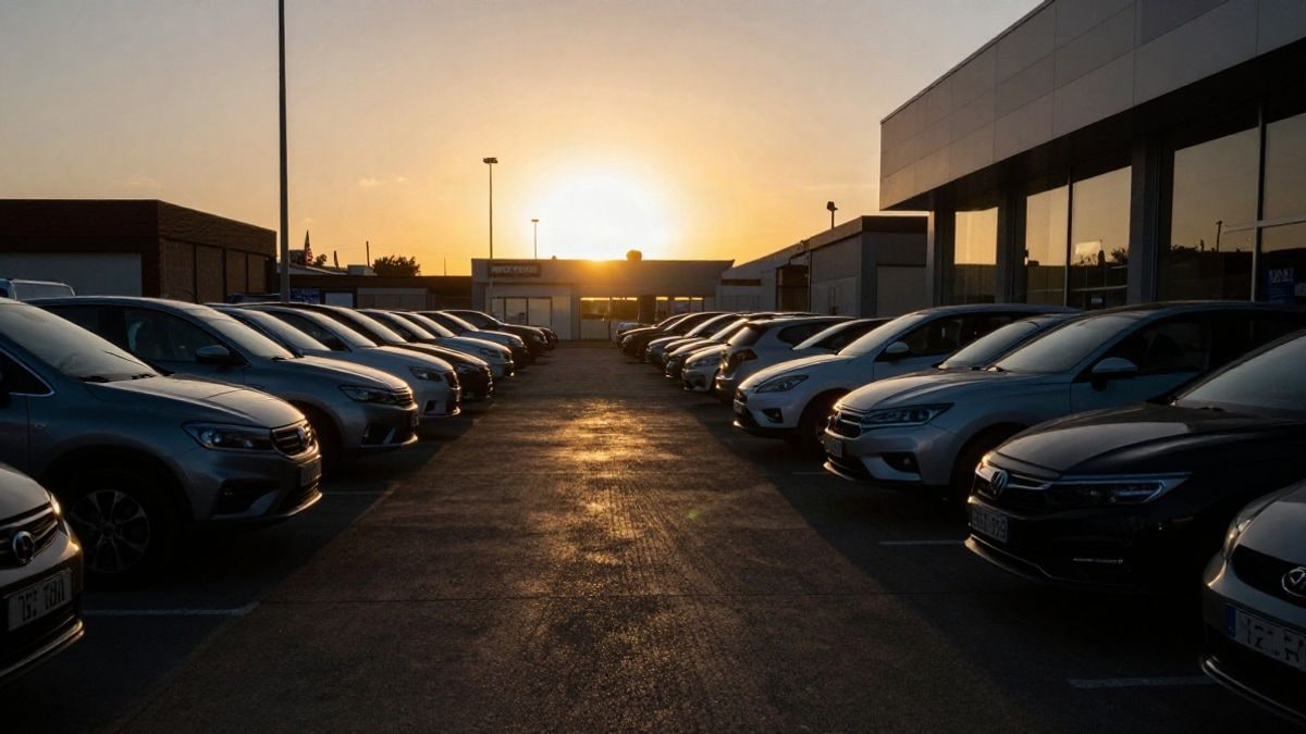 Imagen ilustrativa: siluetas de coches en un concesionario al atardecer con sombras largas