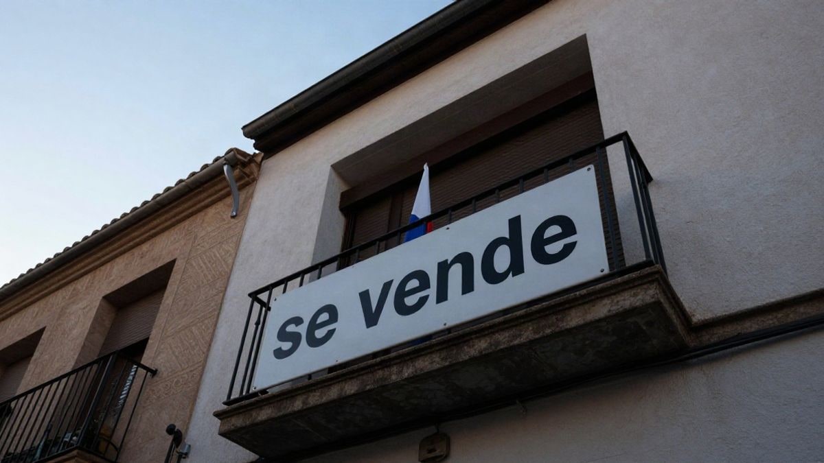 Imagen ilustrativa: fachada de un edificio residencial con un cartel de venta en un balcón