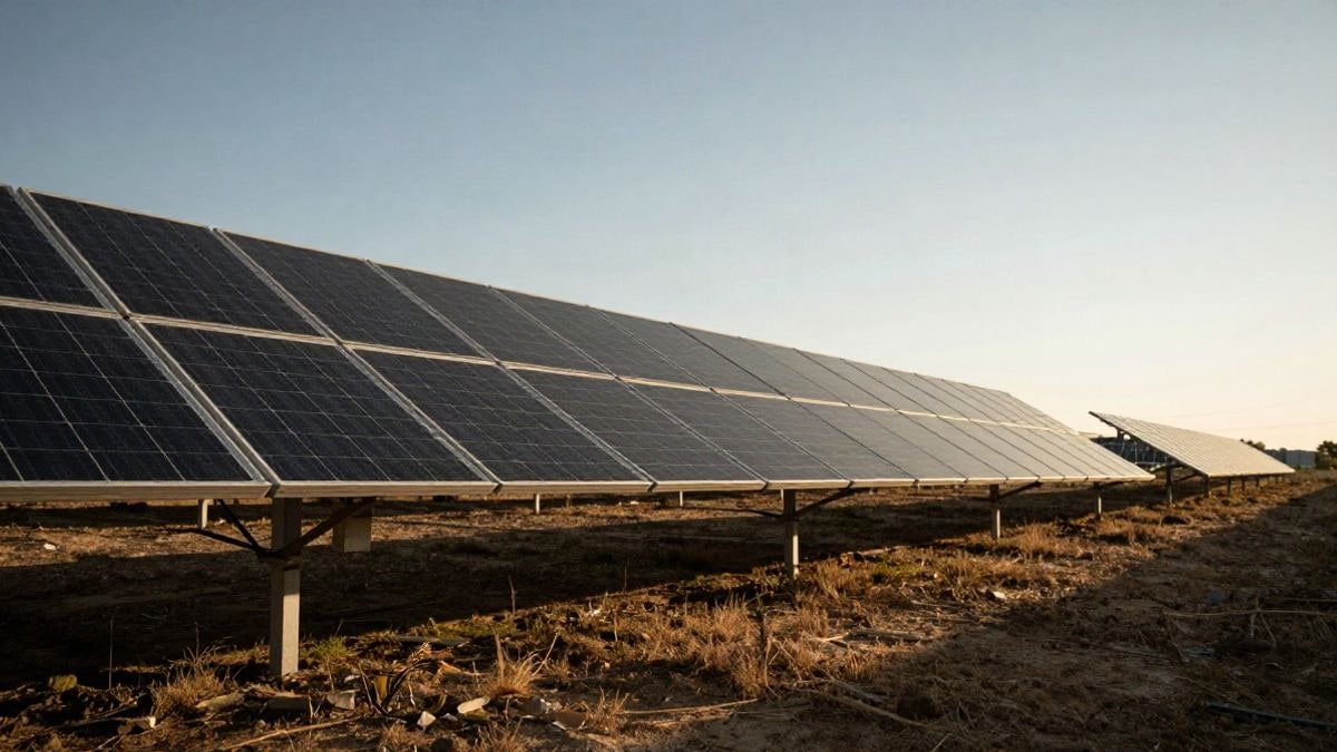 Illustrative image: rows of solar panels viewed from the ground, with the sky in the background at sunset