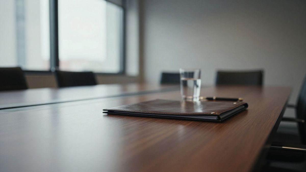 Imagen ilustrativa: una sala de reuniones vacía con una carpeta de cuero cerrada sobre la mesa, iluminada por la luz de una ventana lateral