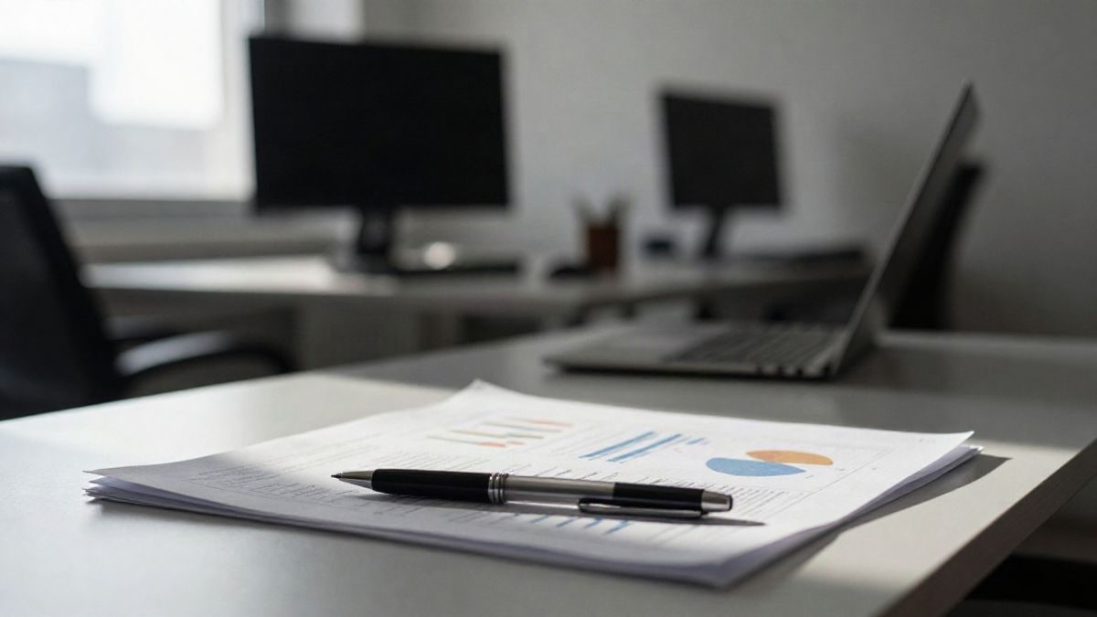 Illustrative image: office desk with economic reports and graphs, soft natural light