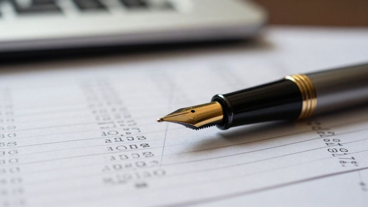 Illustrative image: close-up of a golden pen on stacked financial documents