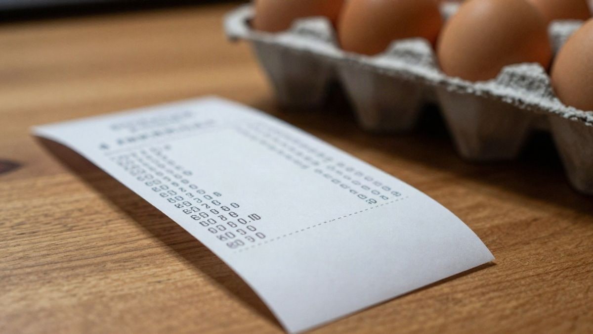 Imagen ilustrativa: primer plano de un ticket de compra arrugado junto a una caja de huevos sobre una mesa de madera