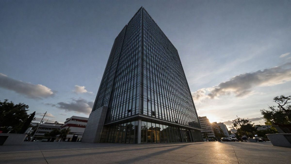 Imagen ilustrativa: torre de oficinas de cristal vista desde abajo contra un cielo al atardecer