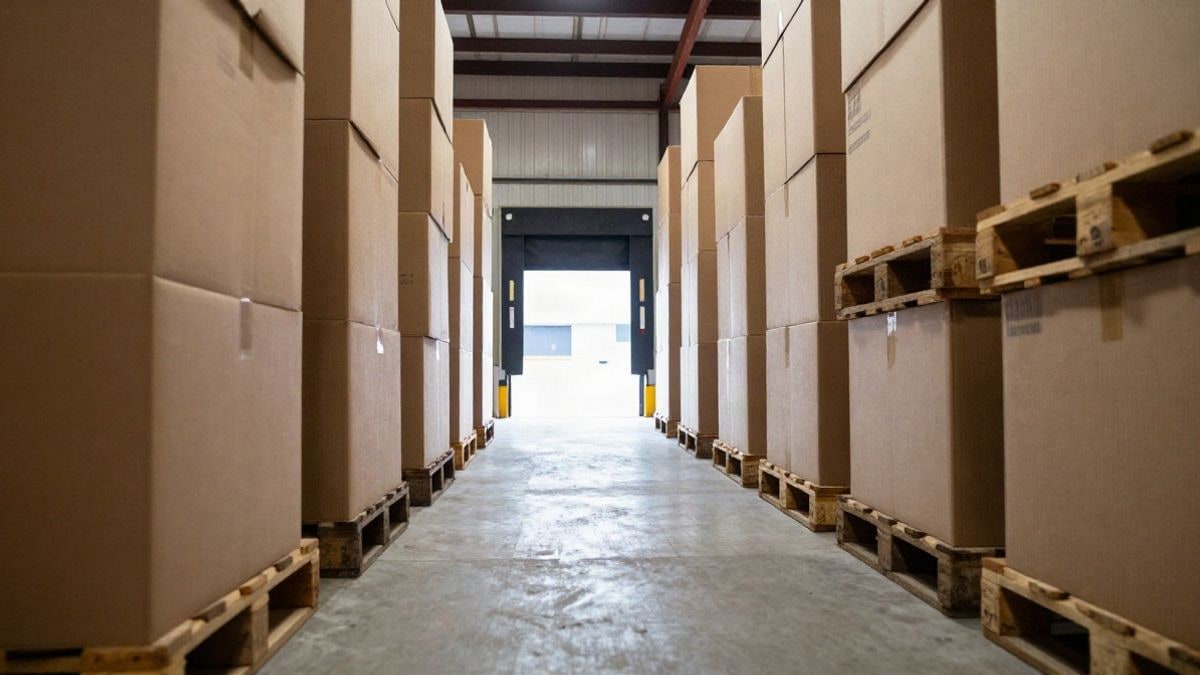 Imagen ilustrativa: pasillo de almacén con cajas de ayuda apiladas y líneas que convergen hacia una zona de carga iluminada
