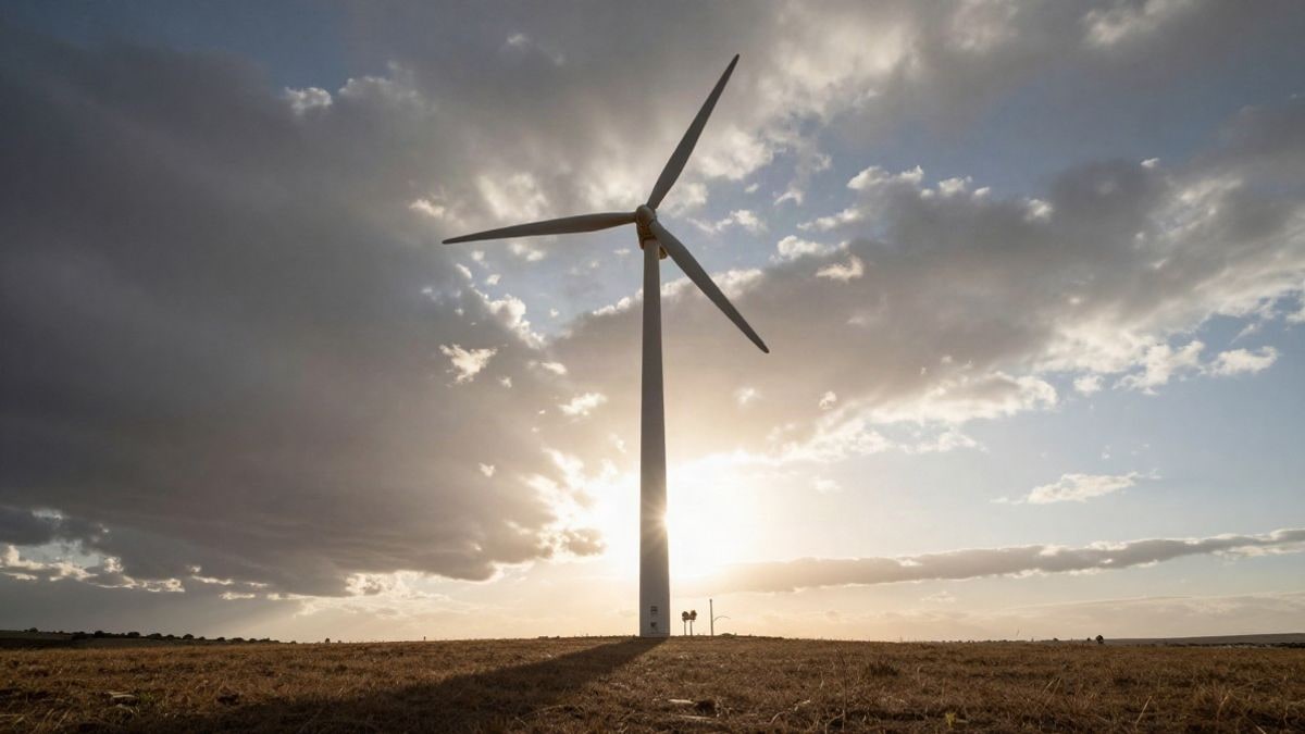 Illustrative image: wind turbine viewed from the ground against a sunset sky