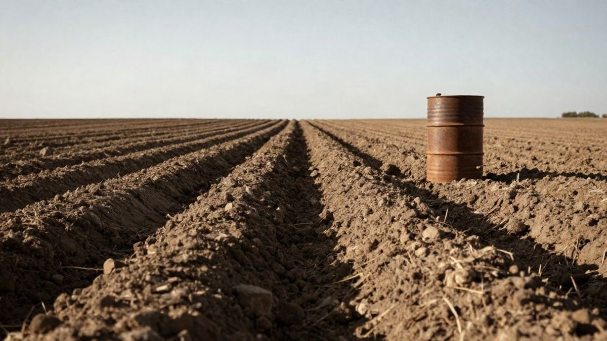 Imagen ilustrativa: surcos de tierra seca bajo un cielo amplio, visto a ras de suelo con un bidón oxidado al borde del campo
