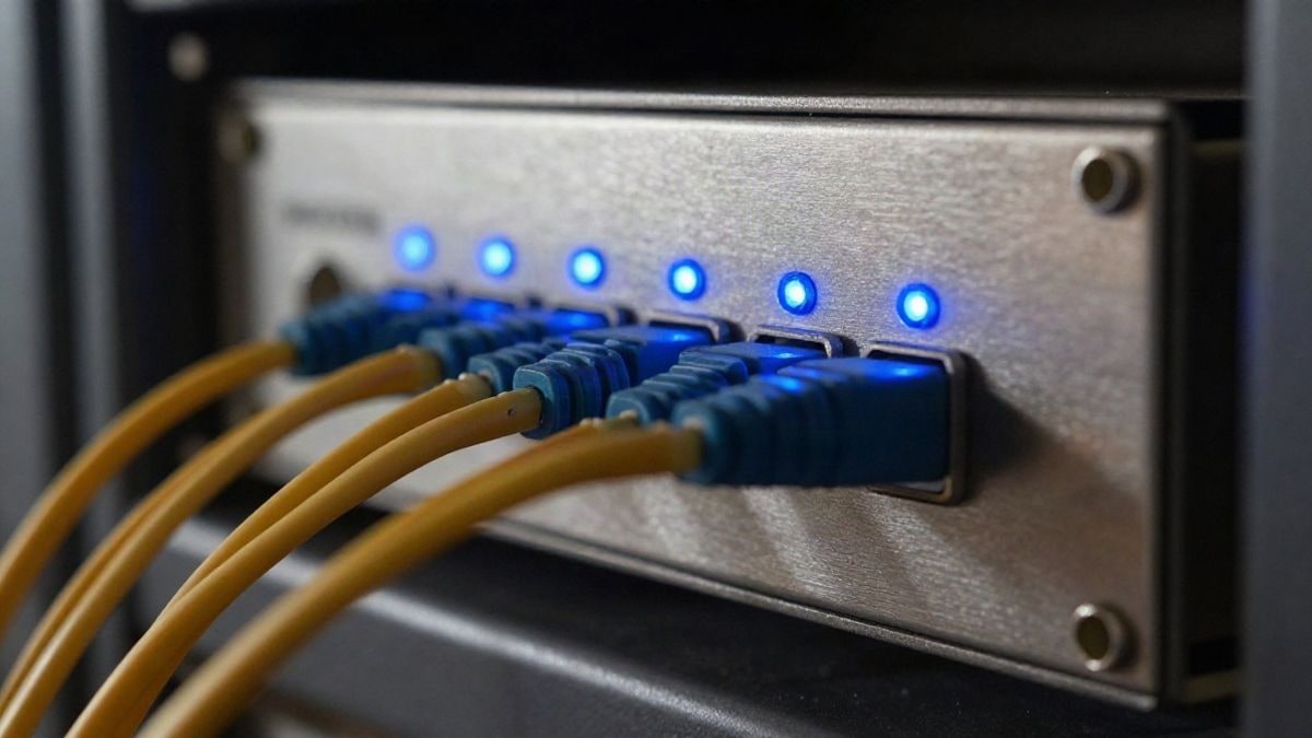 Imagen ilustrativa: detalle de cables de fibra óptica y luces azules sobre un panel metálico de servidores