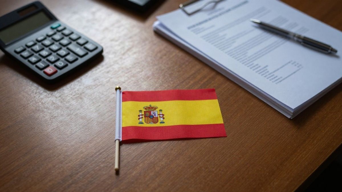 Imagen ilustrativa: vista cenital de una mesa de despacho con documentos, calculadora y un pin con la bandera europea