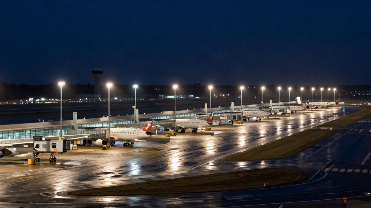 Imagen ilustrativa: pista de aeropuerto iluminada de noche con luces de balizamiento y torre de control al fondo