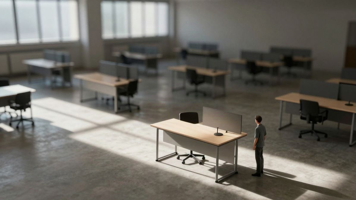 Illustrative image: a small human figure in a large office space with empty desks and natural light