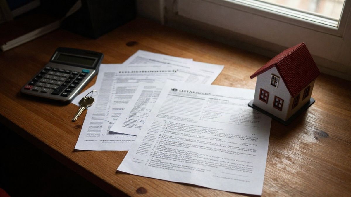 Imagen ilustrativa: vista cenital de una mesa con formularios fiscales, una calculadora y una maqueta de vivienda