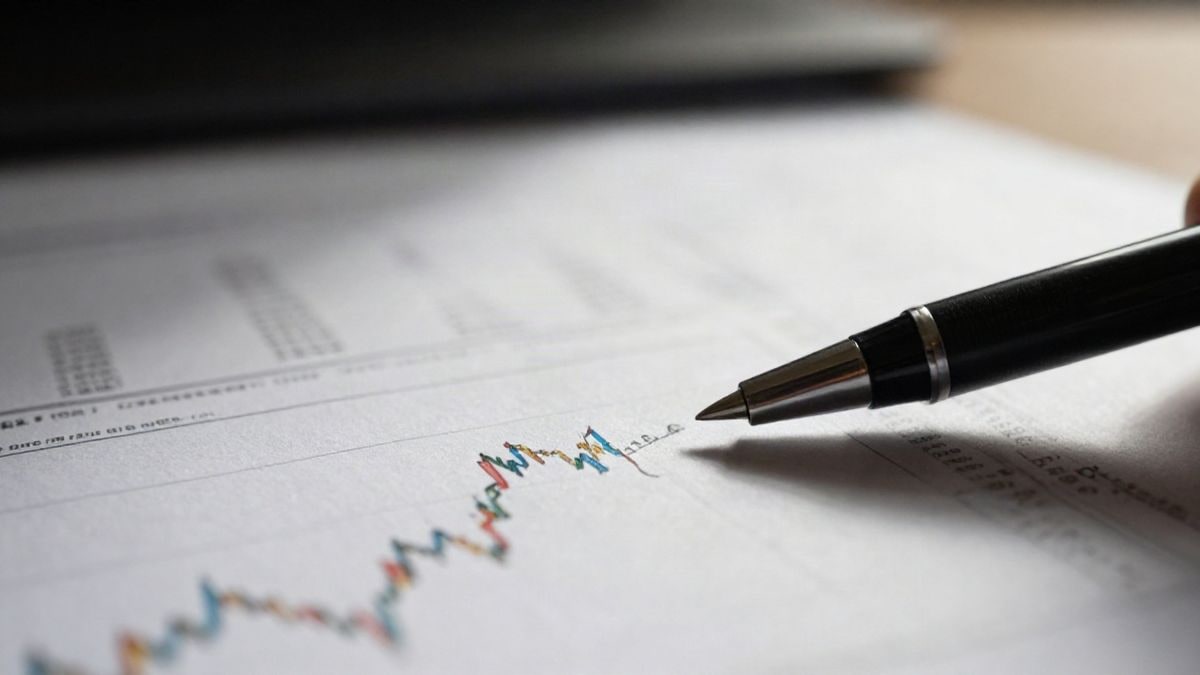 Imagen ilustrativa: primer plano de un documento financiero con gráficos y un bolígrafo, con fondo desenfocado