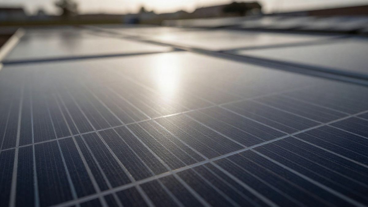 Imagen ilustrativa: primer plano de una célula solar fotovoltaica con su rejilla metálica iluminada a contraluz