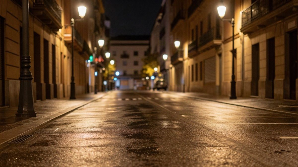 Imagen ilustrativa: calle urbana nocturna iluminada por farolas y reflejos de luz sobre el asfalto mojado
