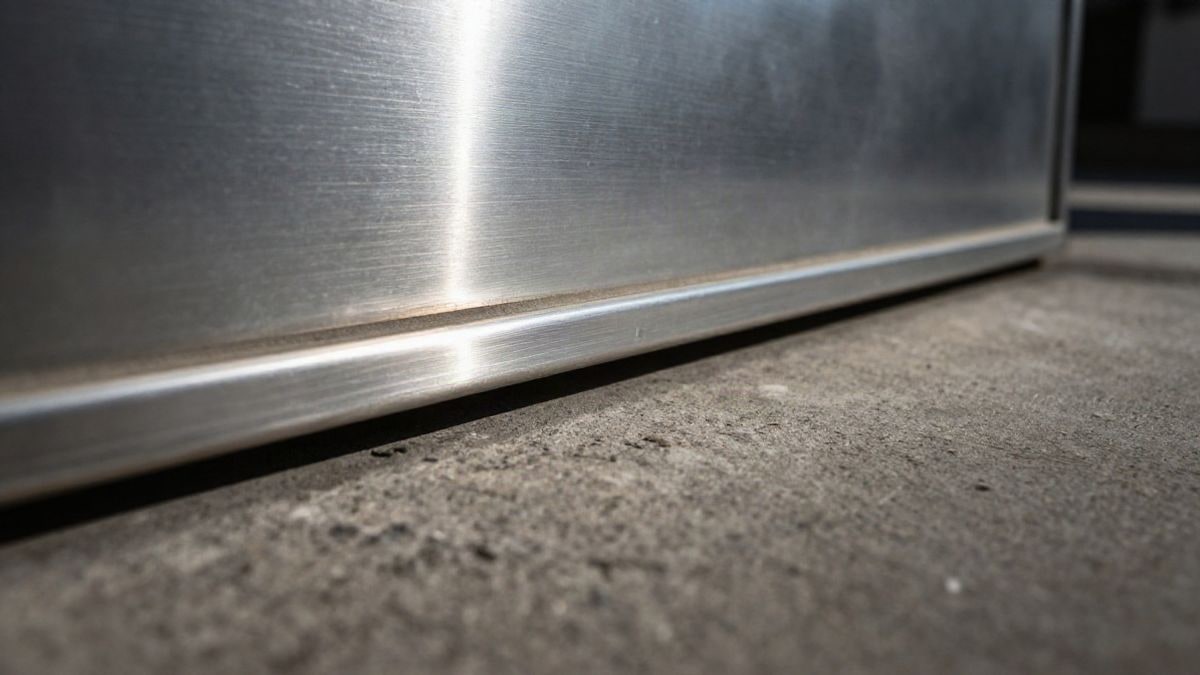 Illustrative image: detail of a brushed steel surface and concrete illuminated by lateral natural light