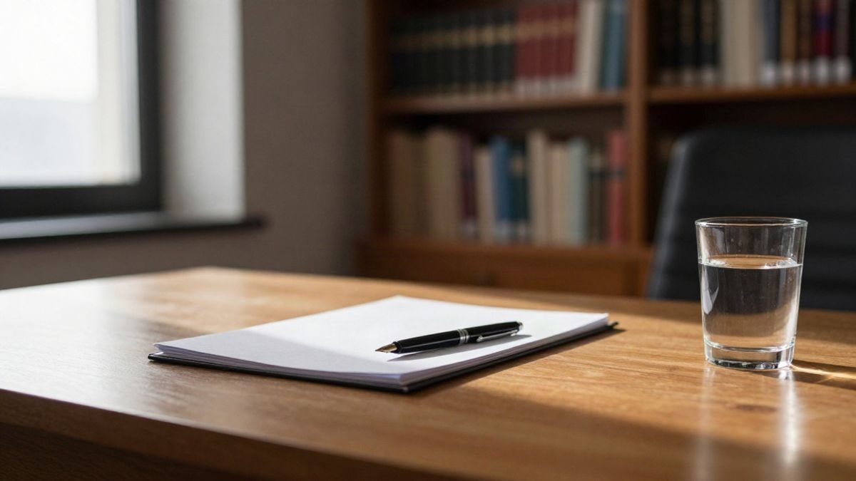 Illustrative image: empty wooden desk in an office lit by side window light