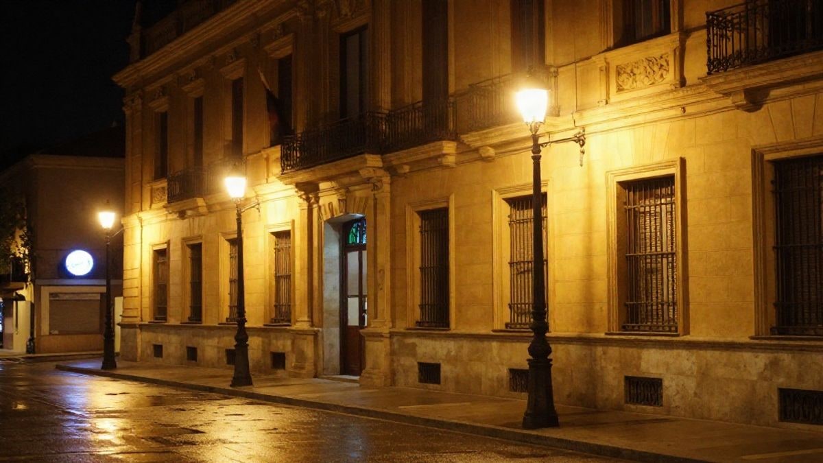 Imagen ilustrativa: fachada de un edificio institucional iluminada por farolas y luz urbana nocturna