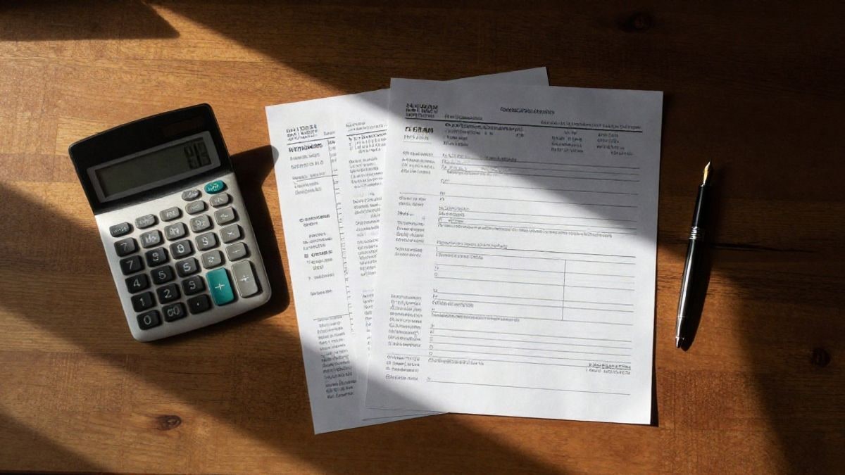 Imagen ilustrativa: vista cenital de una mesa de madera con calculadora, bolígrafo y formularios fiscales en blanco